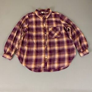 Terra Sky Flannel Shirt Women's 1X Plaid Button Up Shirt Viscose Purple Orange